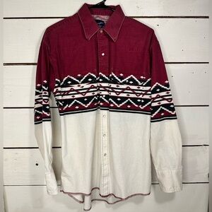 Vintage 80’s Wrangler Brushpopper Burgundy and White Geometric Shirt size large